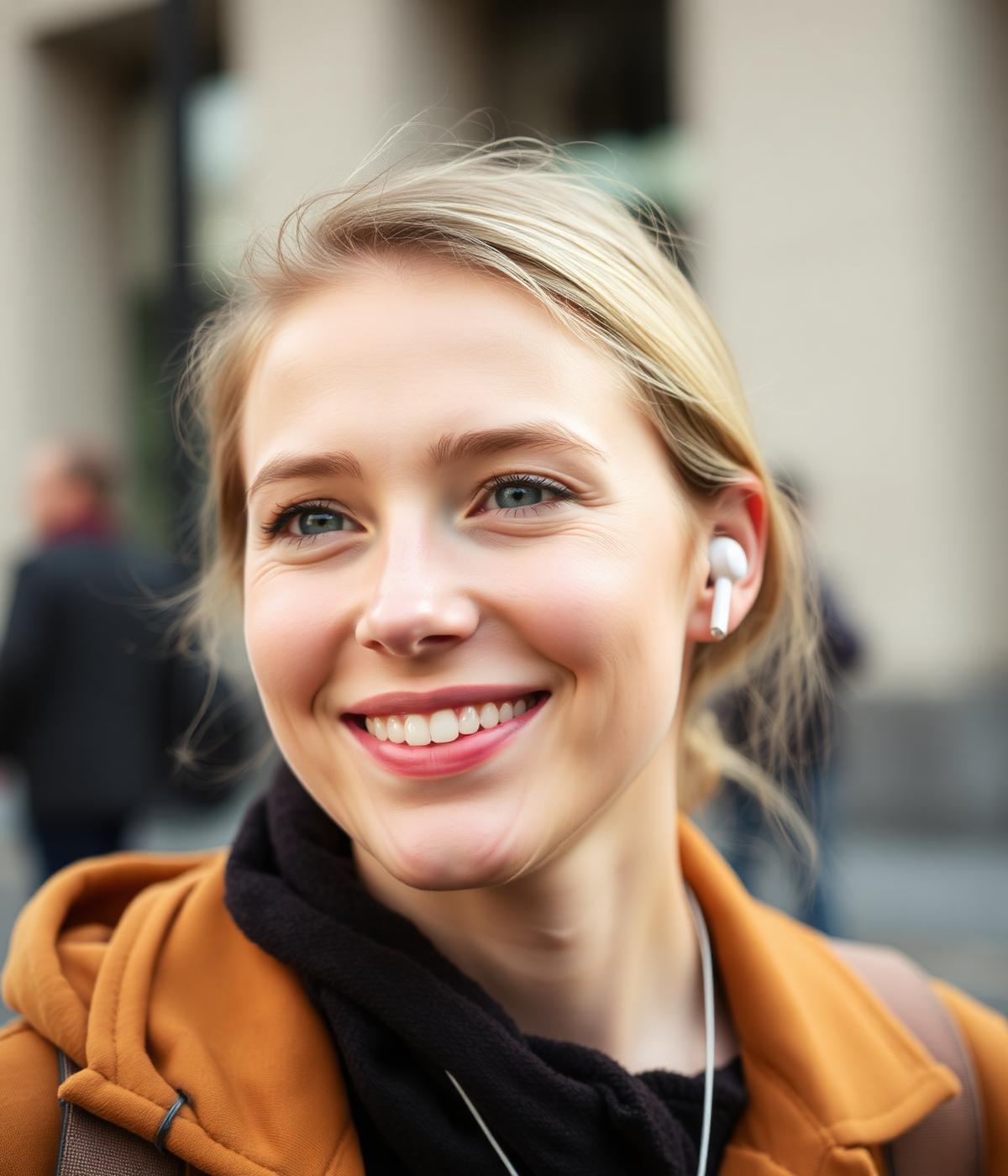 Junge Frau aus Deutschland trägt die kabellosen Kopfhörer TVE Easy Audio